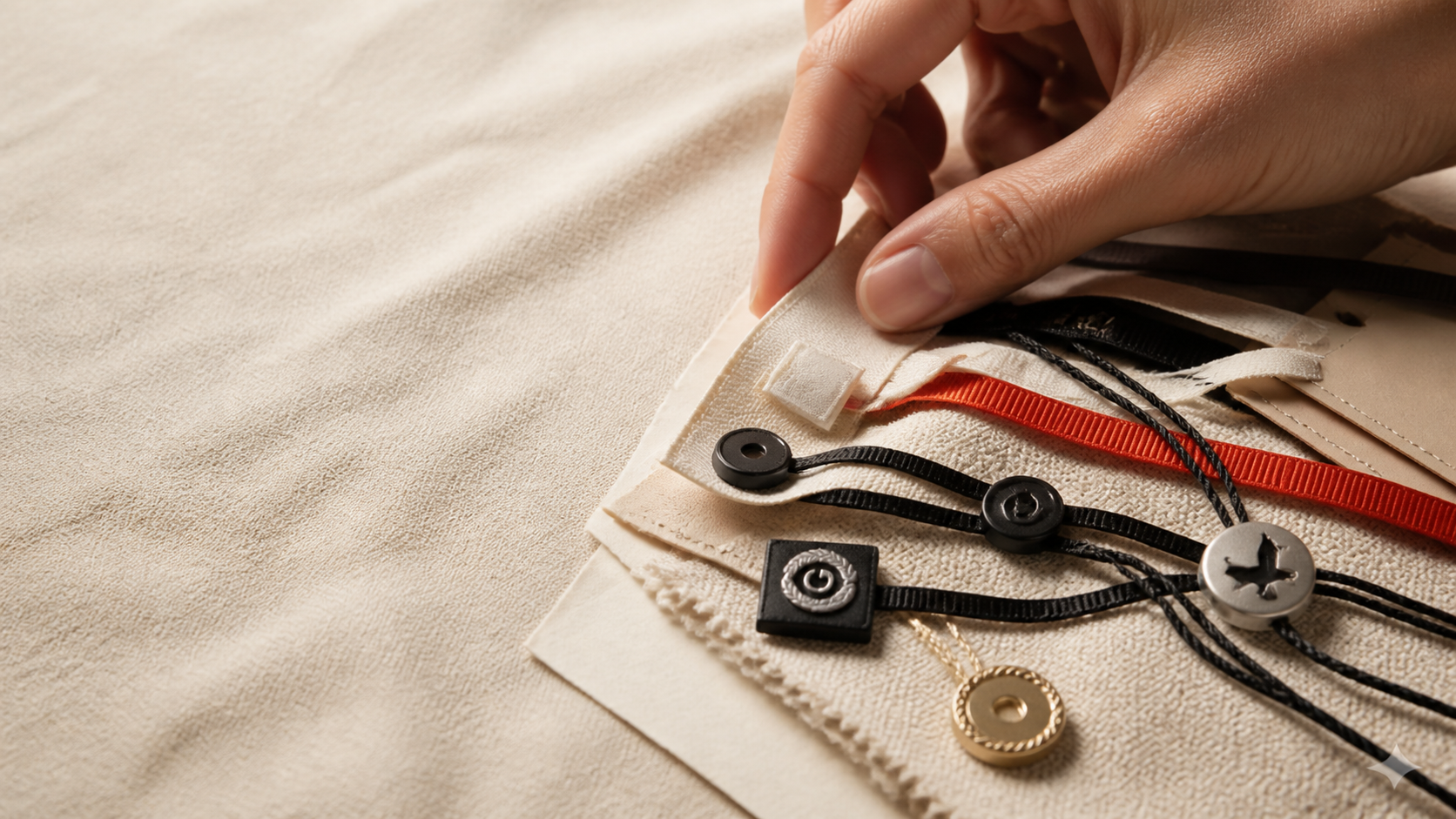 Hand touching tactile woven labels, braided cords, fabric trims and refined garment hardware