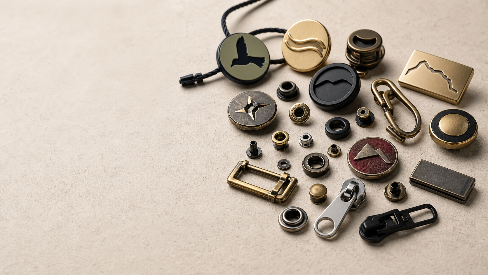 Custom metal badges, seals, zipper pullers, rivets and buckles with refined garment finishes